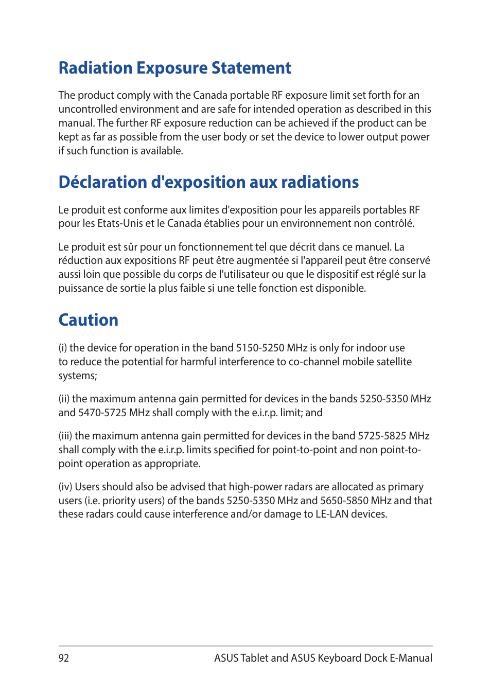 Radiation exposure statement, Déclaration d'exposition aux radiations, Caution | Asus Transformer 3 Pro T303UA User Manual | Page 92 / 108