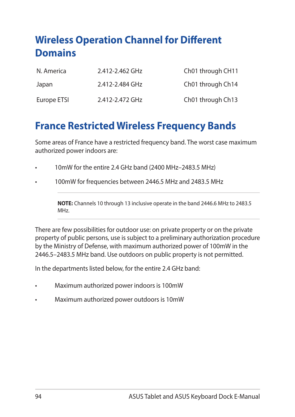 Wireless operation channel for different domains, France restricted wireless frequency bands | Asus Transformer 3 Pro T303UA User Manual | Page 94 / 108