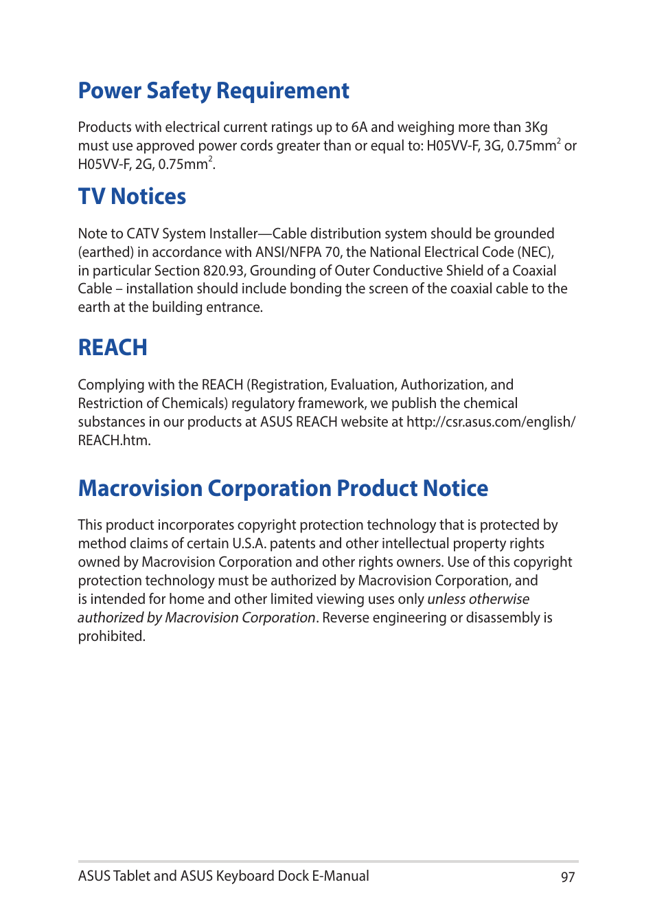 Power safety requirement, Tv notices, Reach | Macrovision corporation product notice | Asus Transformer 3 Pro T303UA User Manual | Page 97 / 108