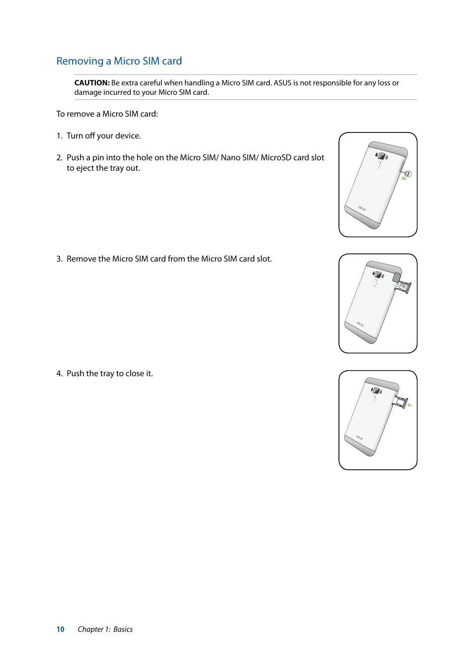 Removing a micro sim card | Asus ZenFone 3 Laser ZC551KL User Manual | Page 10 / 117