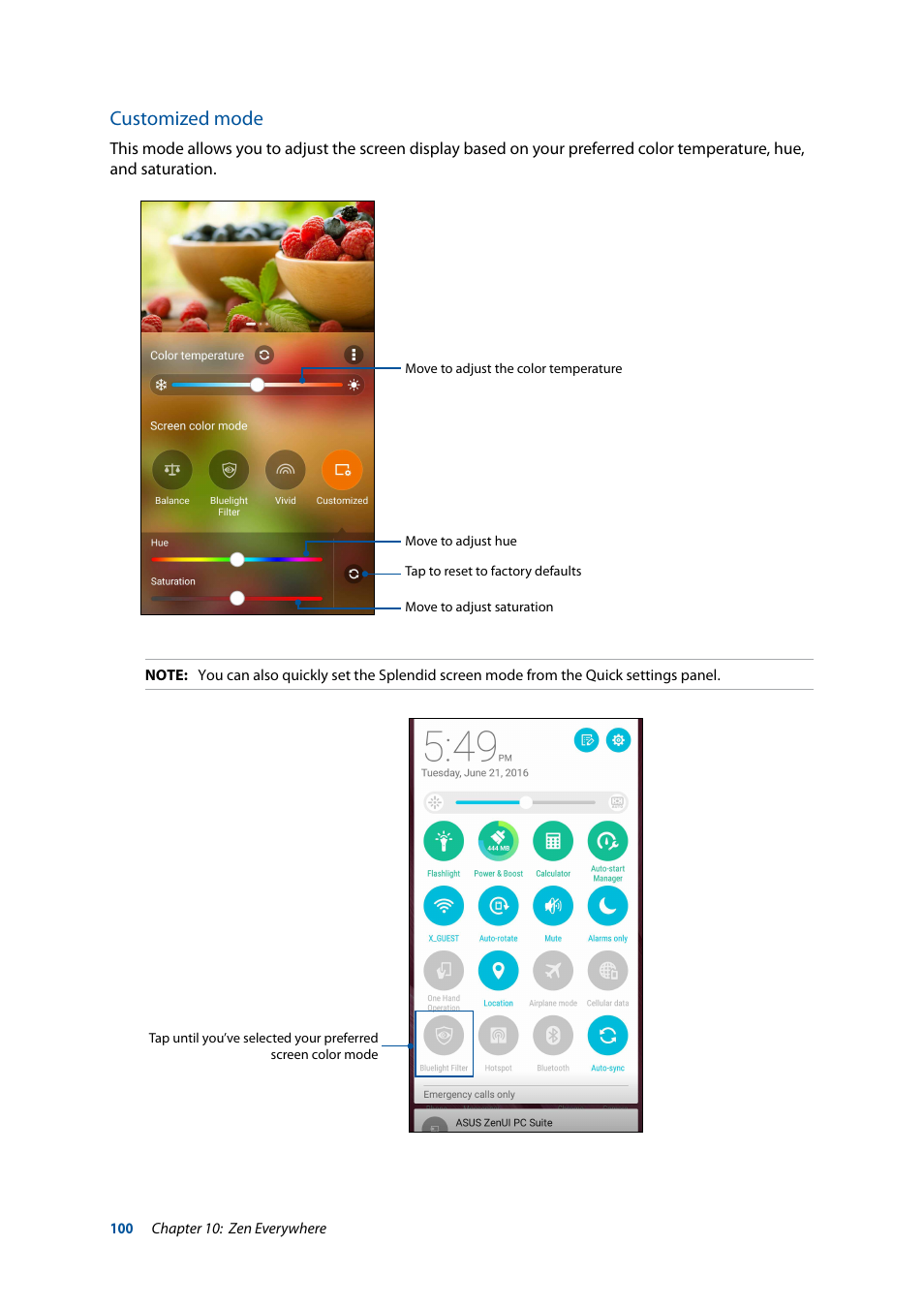 Customized mode | Asus ZenFone 3 Laser ZC551KL User Manual | Page 100 / 117