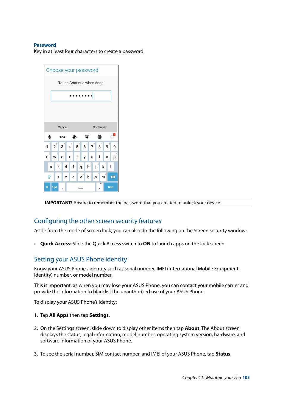 Configuring the other screen security features, Setting your asus phone identity | Asus ZenFone 3 Laser ZC551KL User Manual | Page 105 / 117