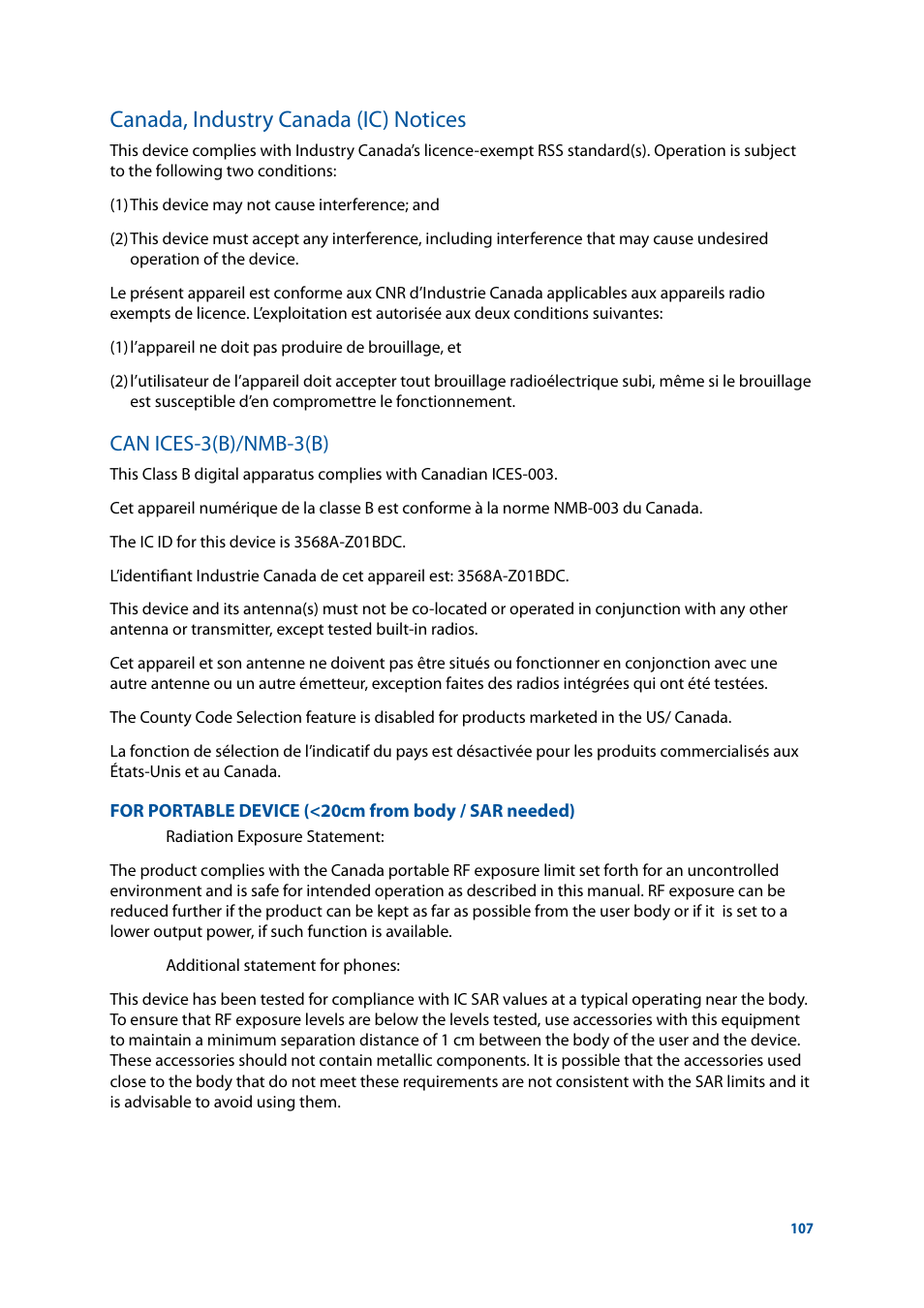 Canada, industry canada (ic) notices, Can ices-3(b)/nmb-3(b) | Asus ZenFone 3 Laser ZC551KL User Manual | Page 107 / 117