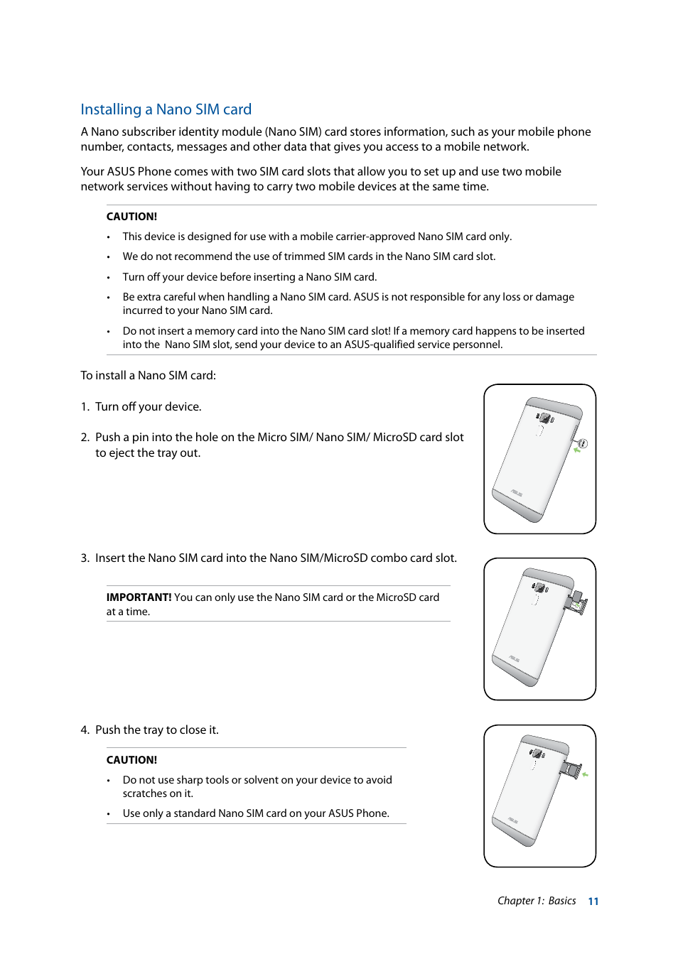 Installing a nano sim card | Asus ZenFone 3 Laser ZC551KL User Manual | Page 11 / 117