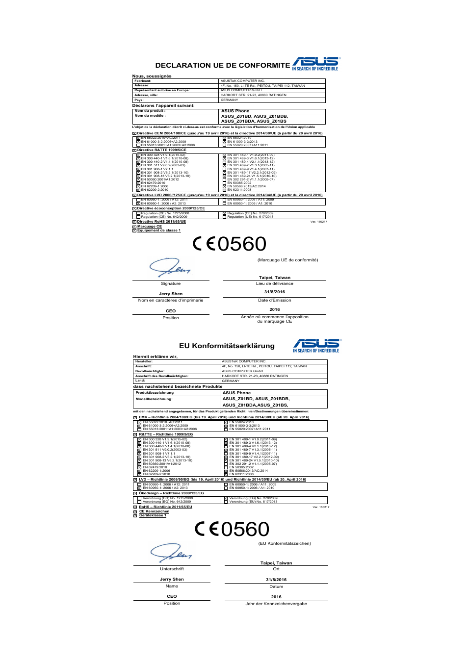 Declaration ue de conformite, Eu konformitätserklärung | Asus ZenFone 3 Laser ZC551KL User Manual | Page 116 / 117