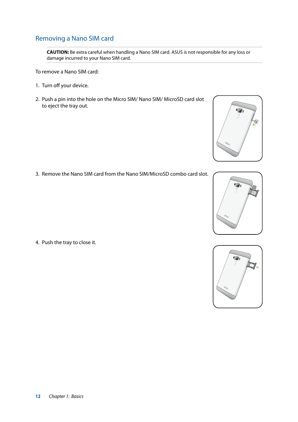 Removing a nano sim card | Asus ZenFone 3 Laser ZC551KL User Manual | Page 12 / 117