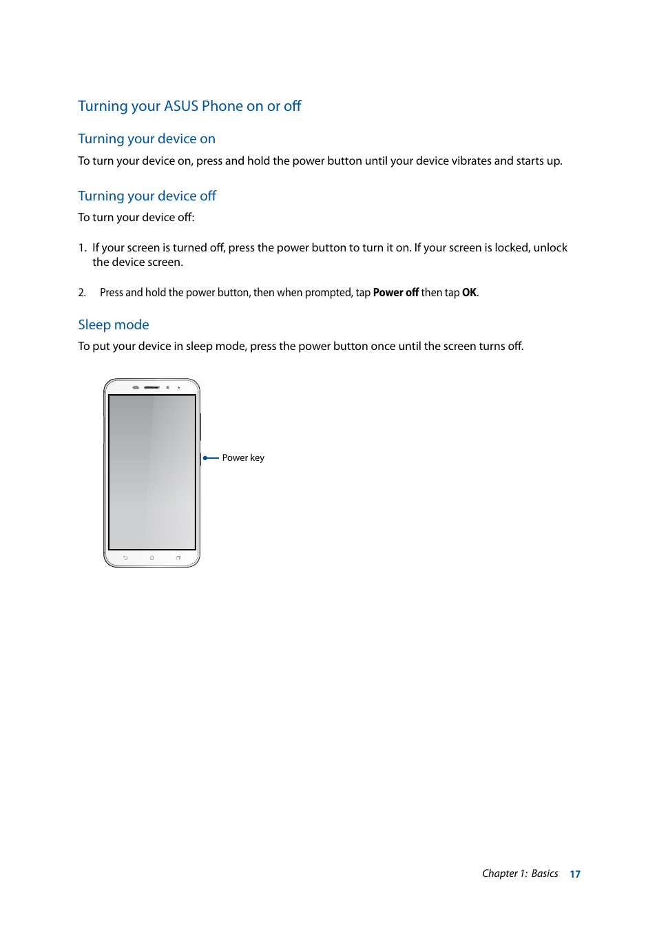 Turning your asus phone on or off | Asus ZenFone 3 Laser ZC551KL User Manual | Page 17 / 117