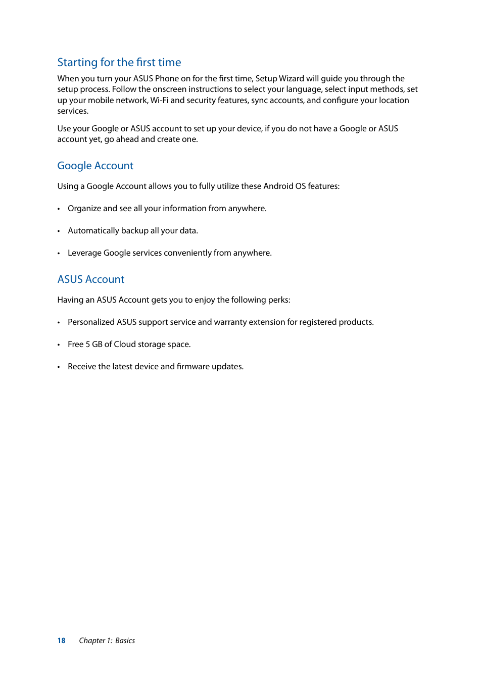 Starting for the first time, Google account, Asus account | Asus ZenFone 3 Laser ZC551KL User Manual | Page 18 / 117