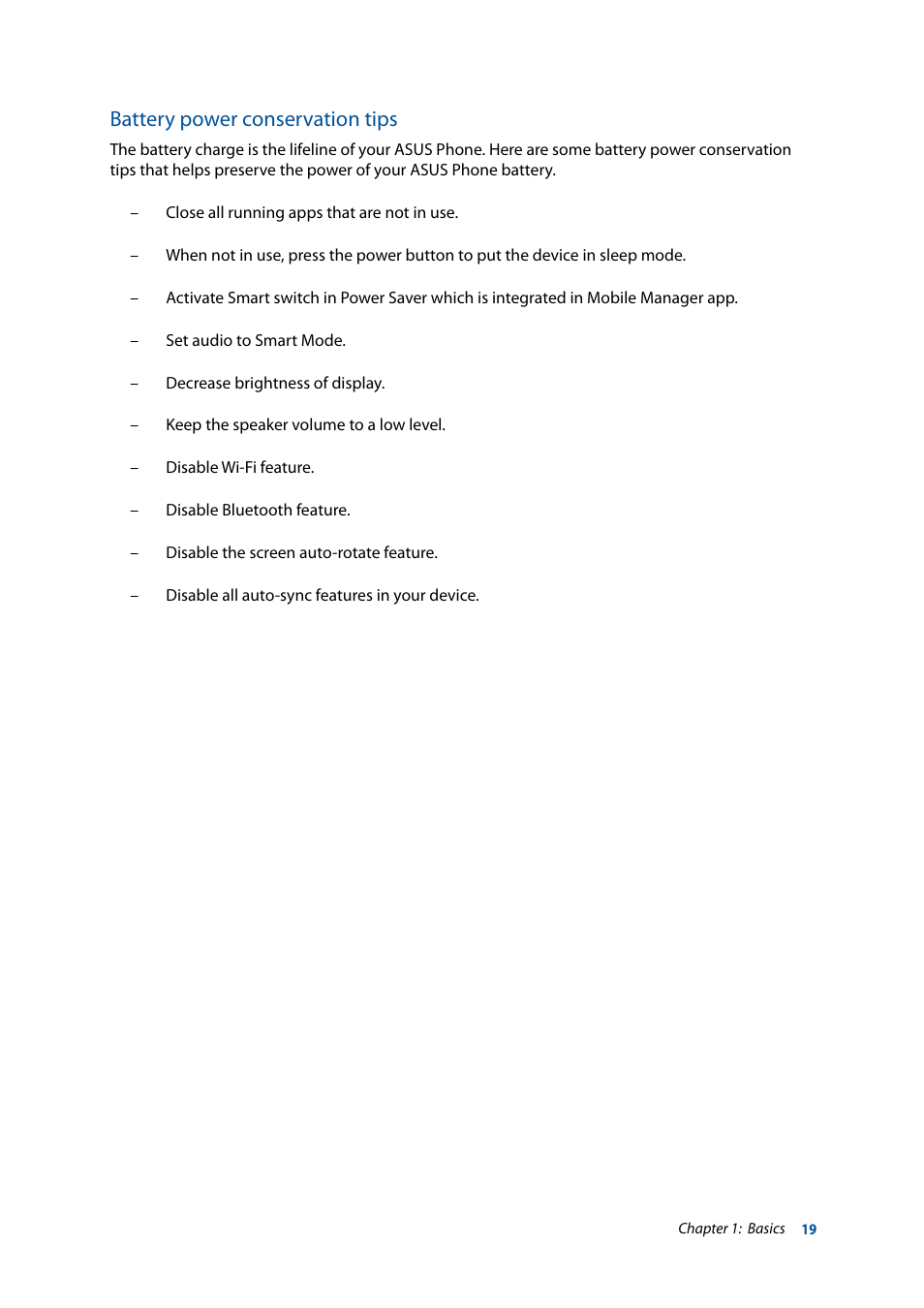Battery power conservation tips | Asus ZenFone 3 Laser ZC551KL User Manual | Page 19 / 117