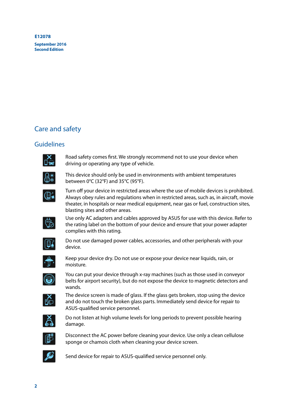 Care and safety, Guidelines | Asus ZenFone 3 Laser ZC551KL User Manual | Page 2 / 117