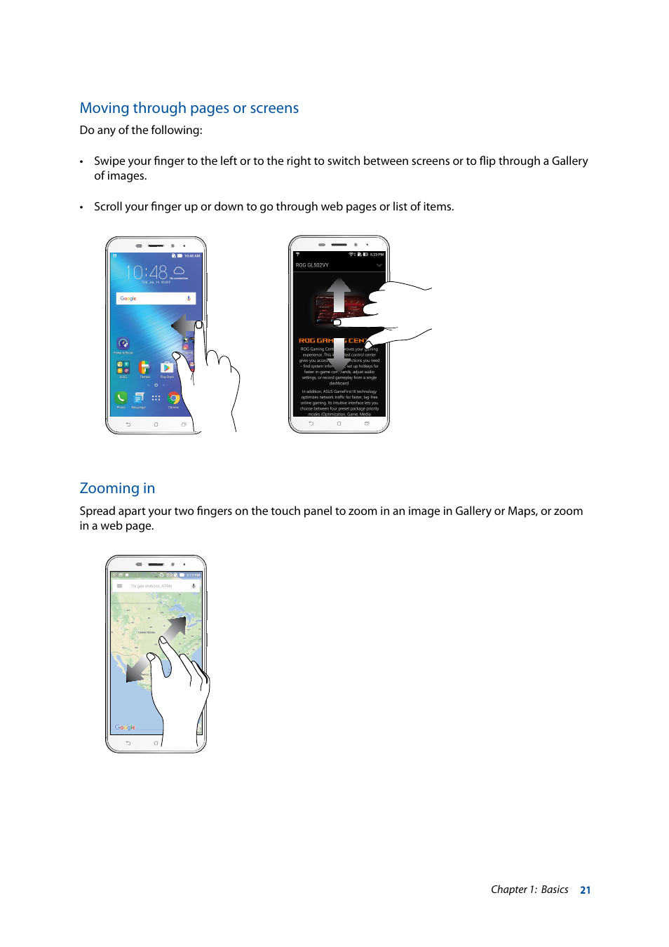 Moving through pages or screens, Zooming in | Asus ZenFone 3 Laser ZC551KL User Manual | Page 21 / 117