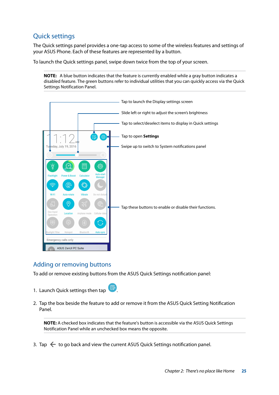 Quick settings, Adding or removing buttons | Asus ZenFone 3 Laser ZC551KL User Manual | Page 25 / 117