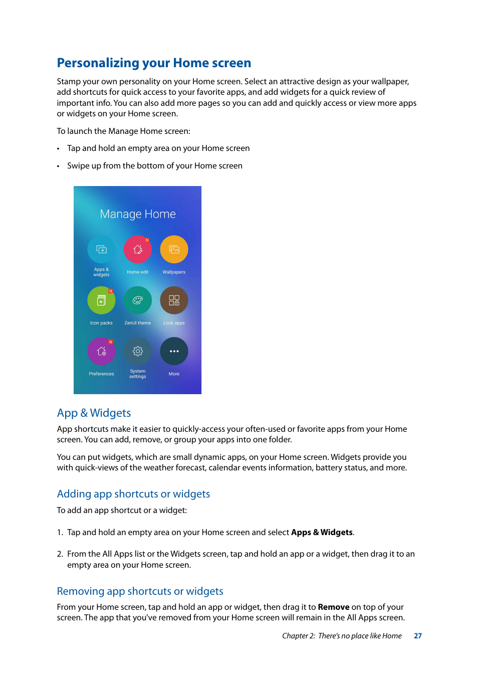 Personalizing your home screen, App & widgets, Adding app shortcuts or widgets | Removing app shortcuts or widgets | Asus ZenFone 3 Laser ZC551KL User Manual | Page 27 / 117