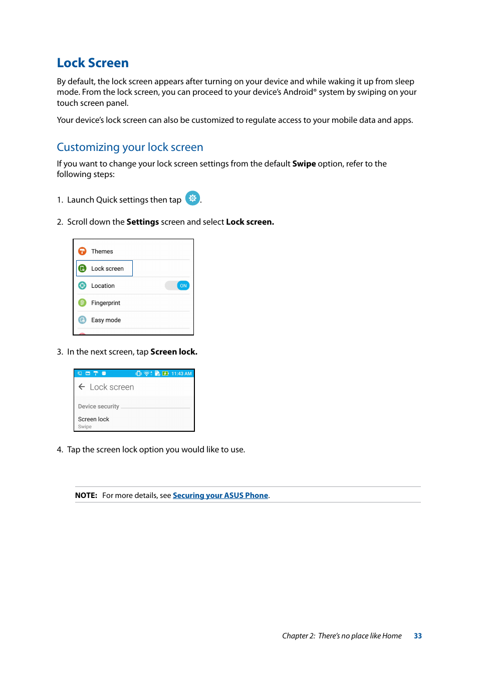 Lock screen, Customizing your lock screen | Asus ZenFone 3 Laser ZC551KL User Manual | Page 33 / 117