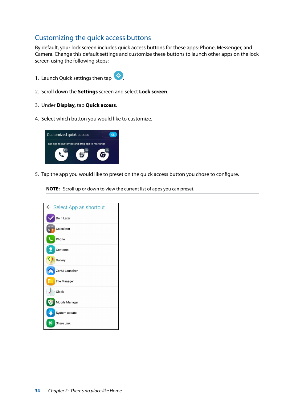 Customizing the quick access buttons | Asus ZenFone 3 Laser ZC551KL User Manual | Page 34 / 117
