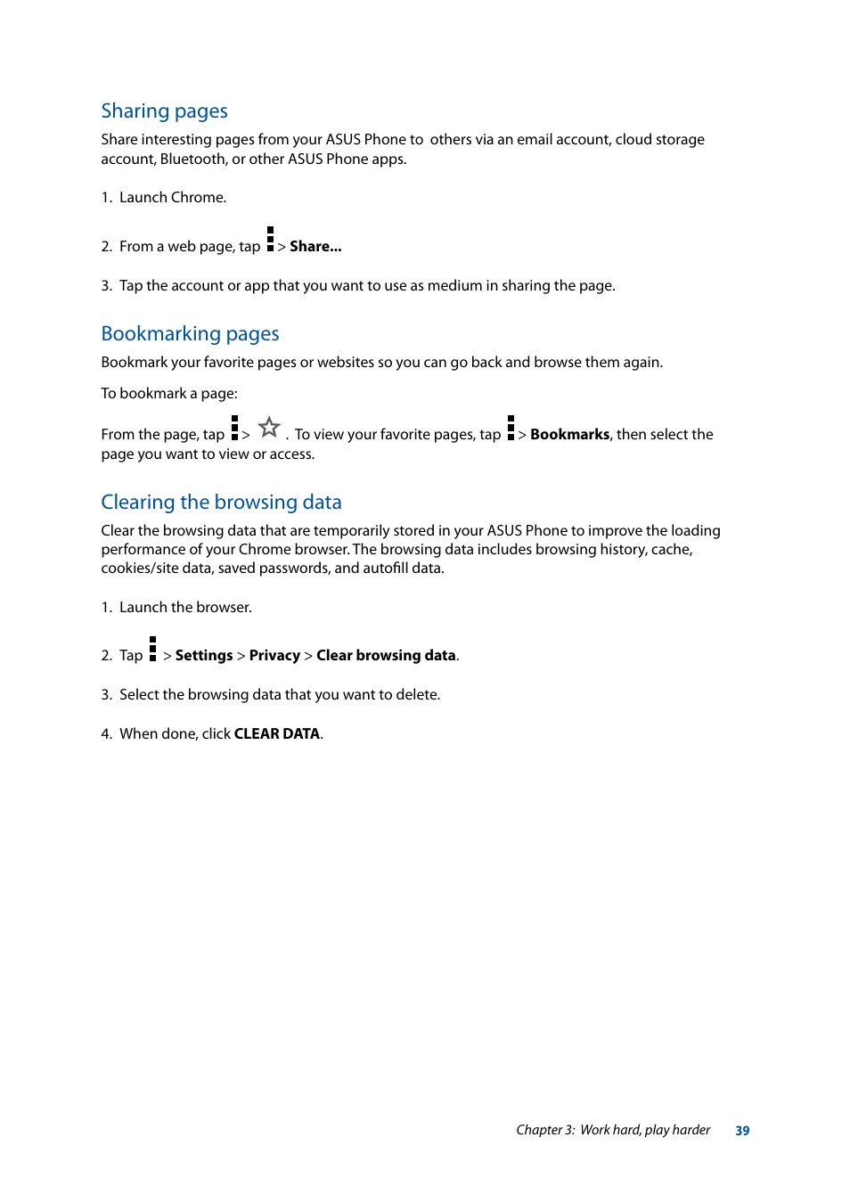 Clearing the browsing data, Sharing pages, Bookmarking pages | Asus ZenFone 3 Laser ZC551KL User Manual | Page 39 / 117