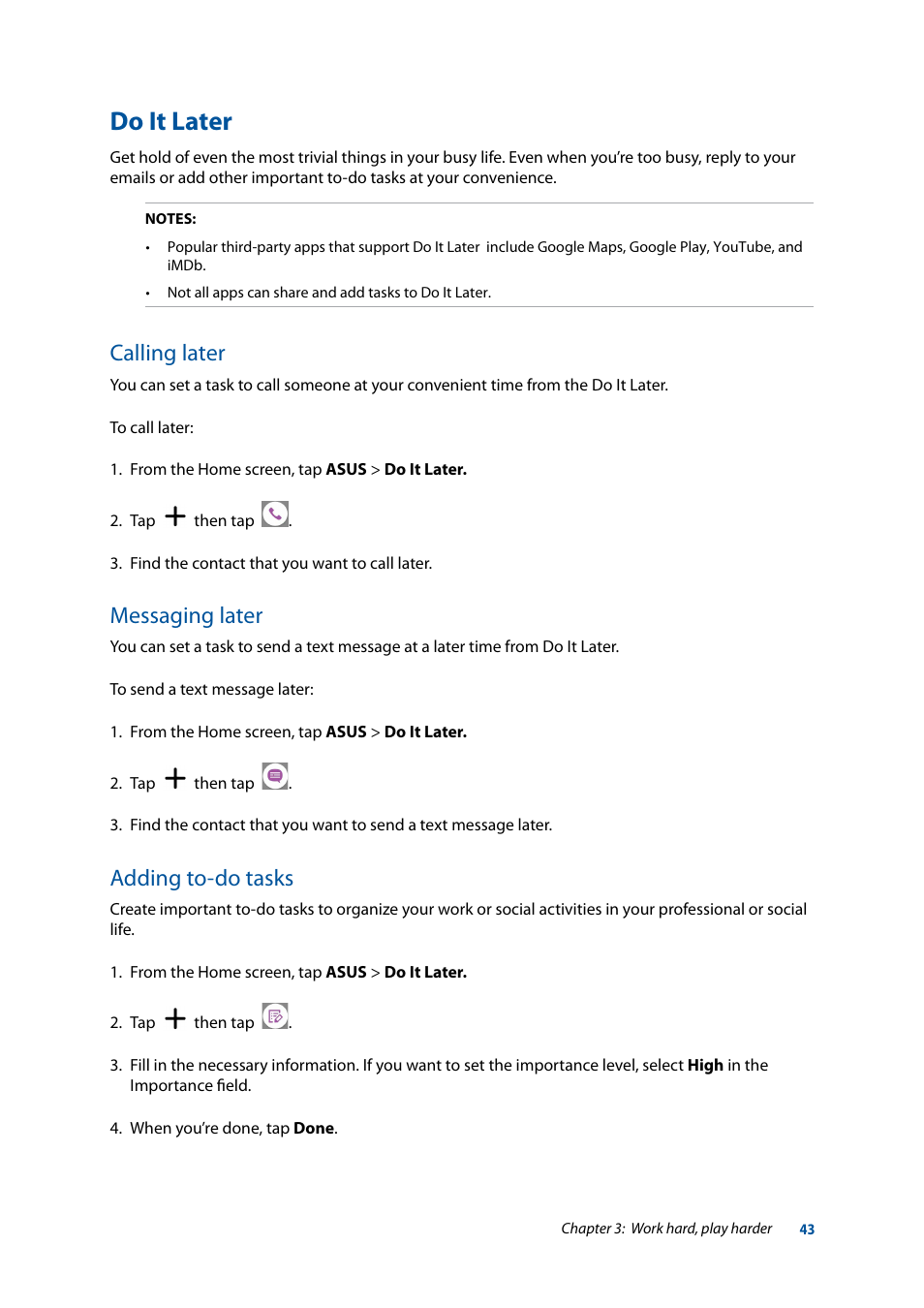 Do it later, Calling later, Messaging later | Adding to-do tasks, Calling later messaging later adding to-do tasks | Asus ZenFone 3 Laser ZC551KL User Manual | Page 43 / 117