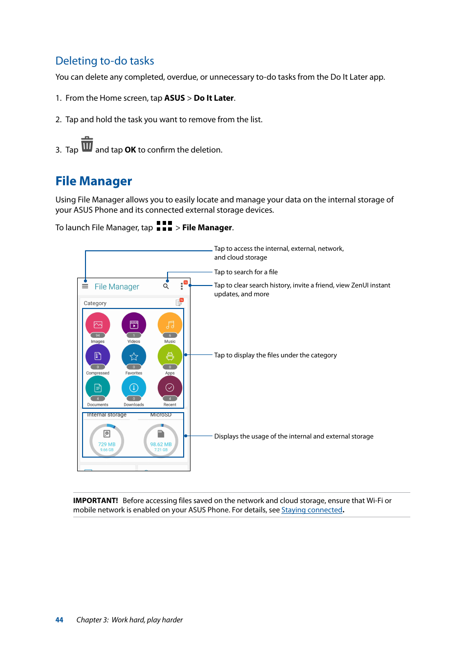 Deleting to-do tasks, File manager | Asus ZenFone 3 Laser ZC551KL User Manual | Page 44 / 117