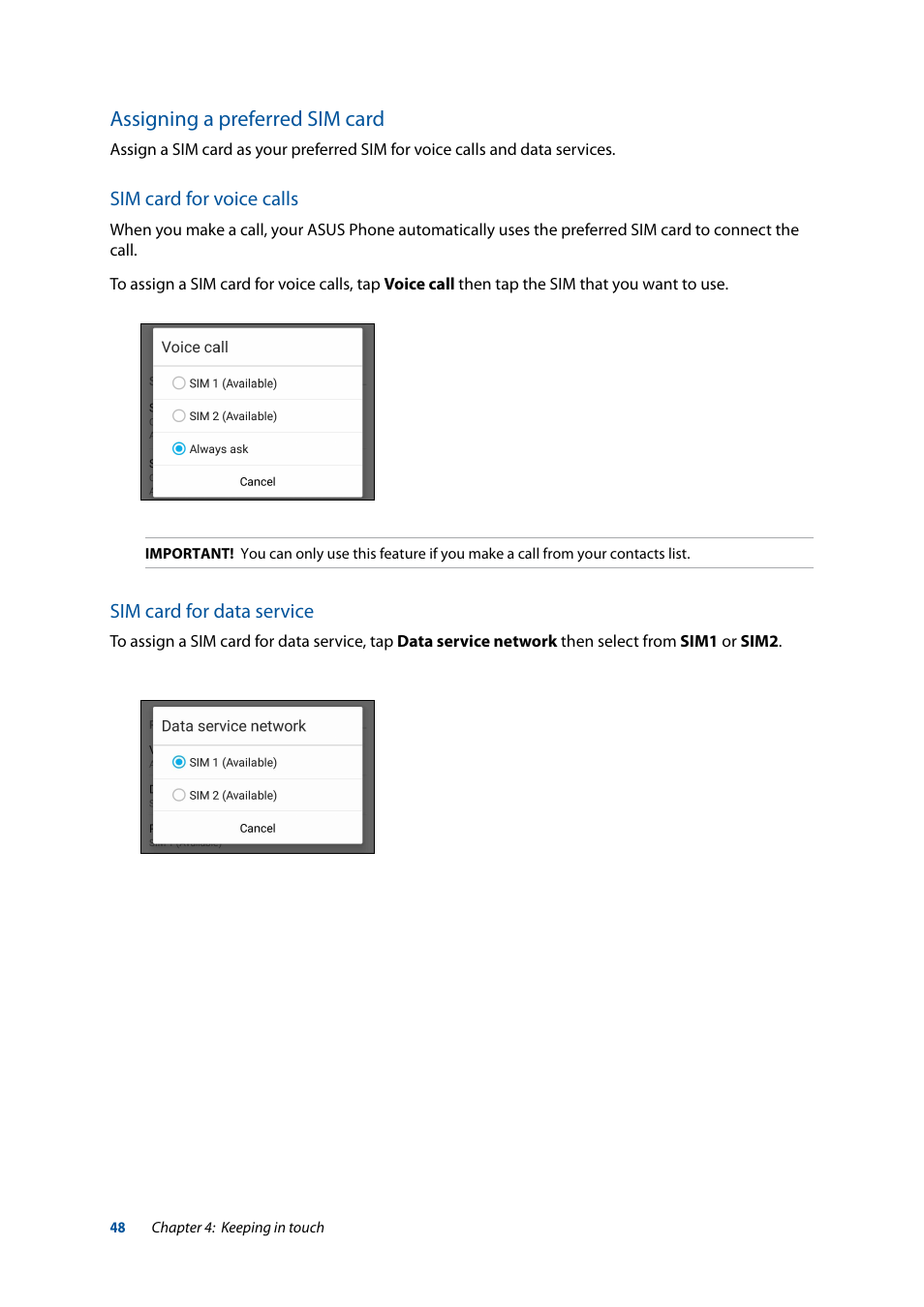 Assigning a preferred sim card | Asus ZenFone 3 Laser ZC551KL User Manual | Page 48 / 117