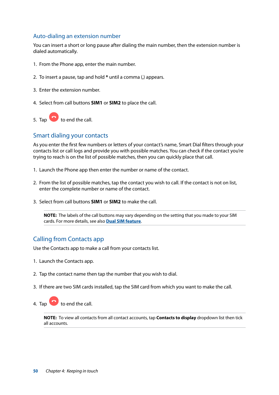 Smart dialing your contacts, Calling from contacts app | Asus ZenFone 3 Laser ZC551KL User Manual | Page 50 / 117