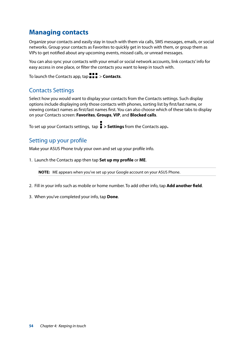Managing contacts, Contacts settings, Setting up your profile | Contacts settings setting up your profile | Asus ZenFone 3 Laser ZC551KL User Manual | Page 54 / 117