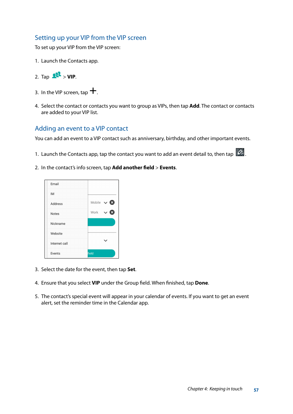 Setting up your vip from the vip screen, Adding an event to a vip contact | Asus ZenFone 3 Laser ZC551KL User Manual | Page 57 / 117