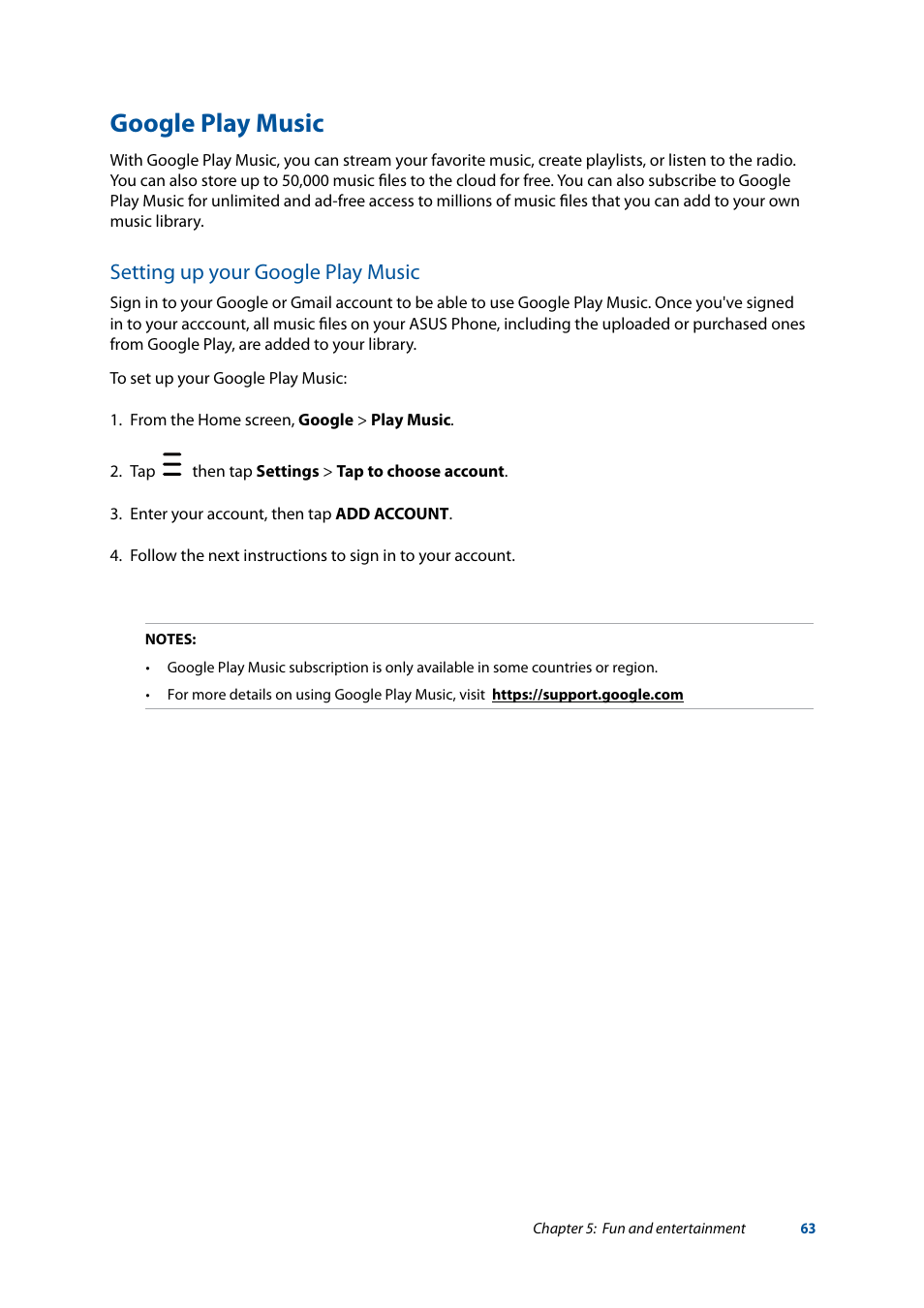 Google play music, Setting up your google play music | Asus ZenFone 3 Laser ZC551KL User Manual | Page 63 / 117