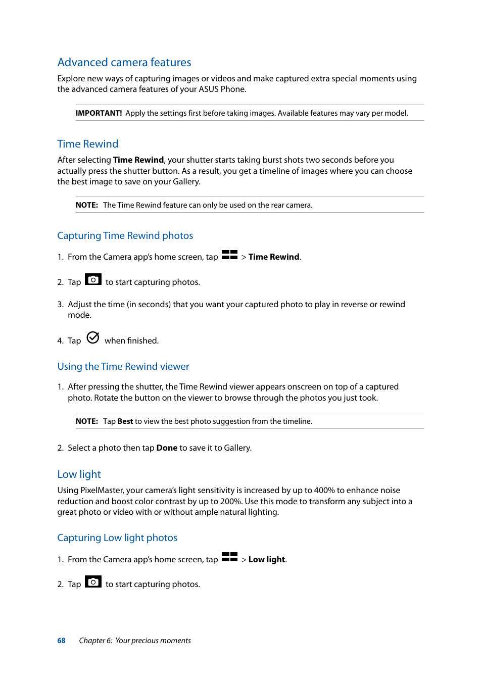 Advanced camera features, Time rewind, Low light | Asus ZenFone 3 Laser ZC551KL User Manual | Page 68 / 117