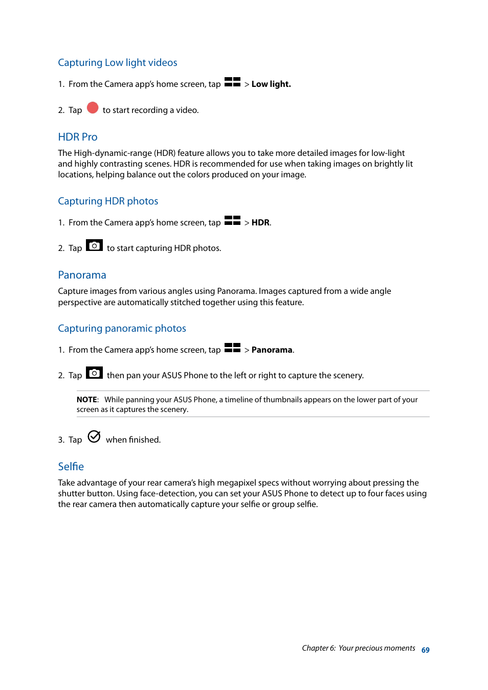 Hdr pro, Panorama, Selfie | Asus ZenFone 3 Laser ZC551KL User Manual | Page 69 / 117