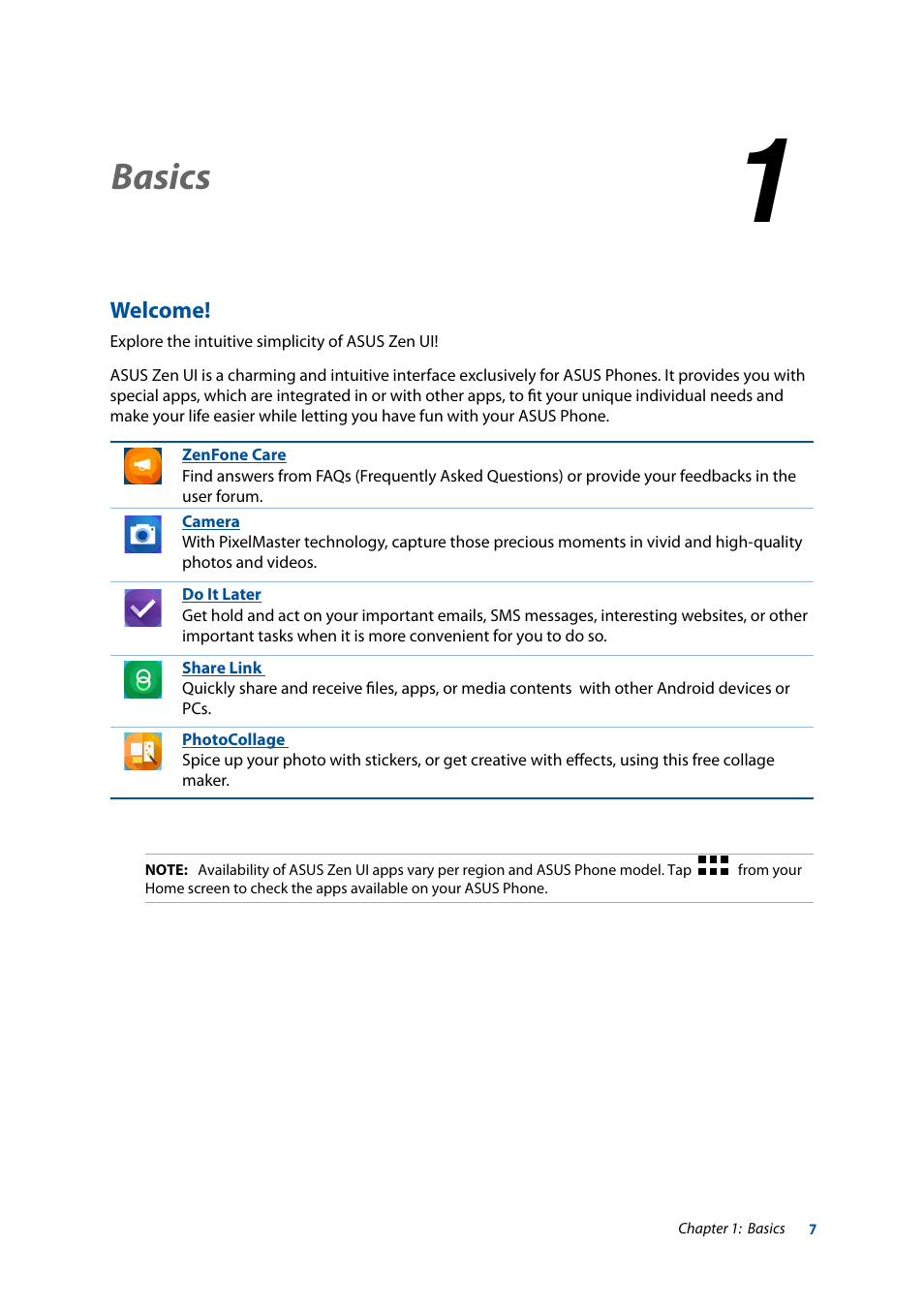 1 basics, Welcome, Basics | Asus ZenFone 3 Laser ZC551KL User Manual | Page 7 / 117