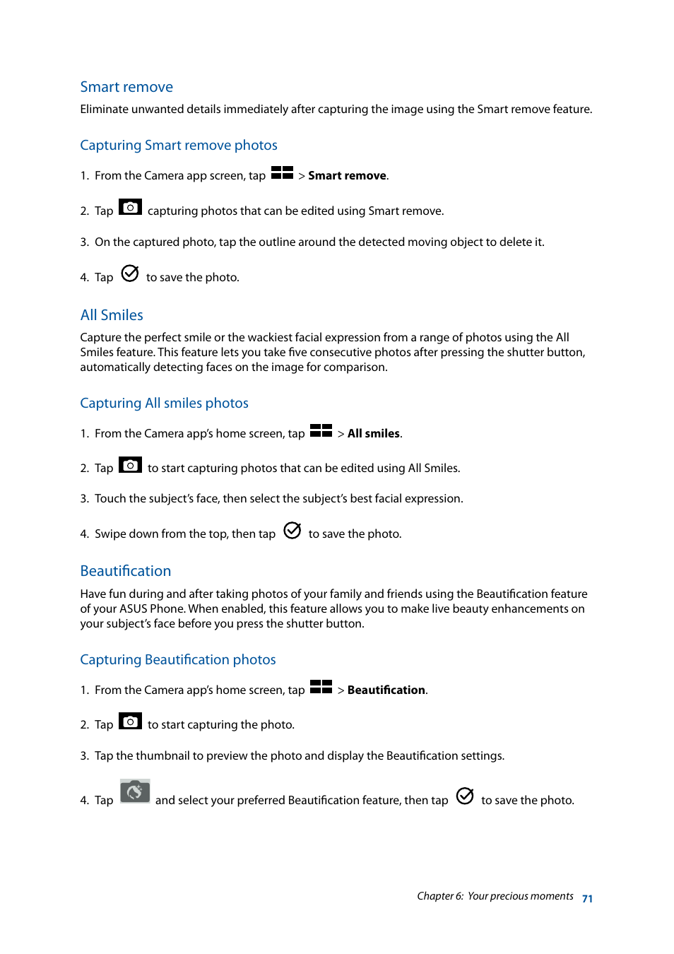 Smart remove, All smiles, Beautification | Asus ZenFone 3 Laser ZC551KL User Manual | Page 71 / 117