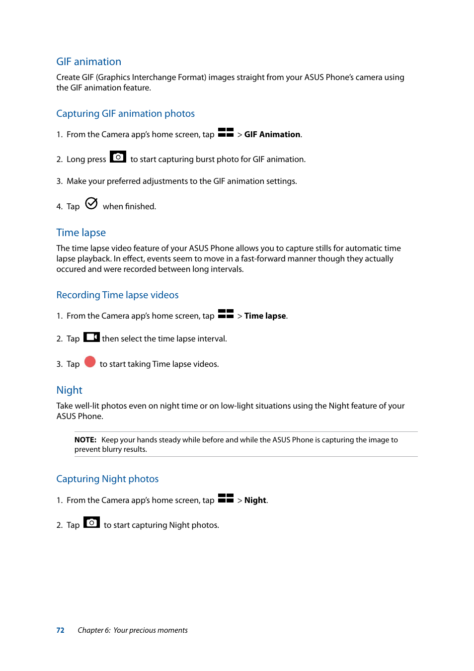 Gif animation, Time lapse, Night | Asus ZenFone 3 Laser ZC551KL User Manual | Page 72 / 117