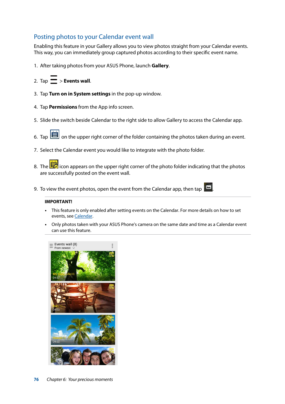 Posting photos to your calendar event wall | Asus ZenFone 3 Laser ZC551KL User Manual | Page 76 / 117