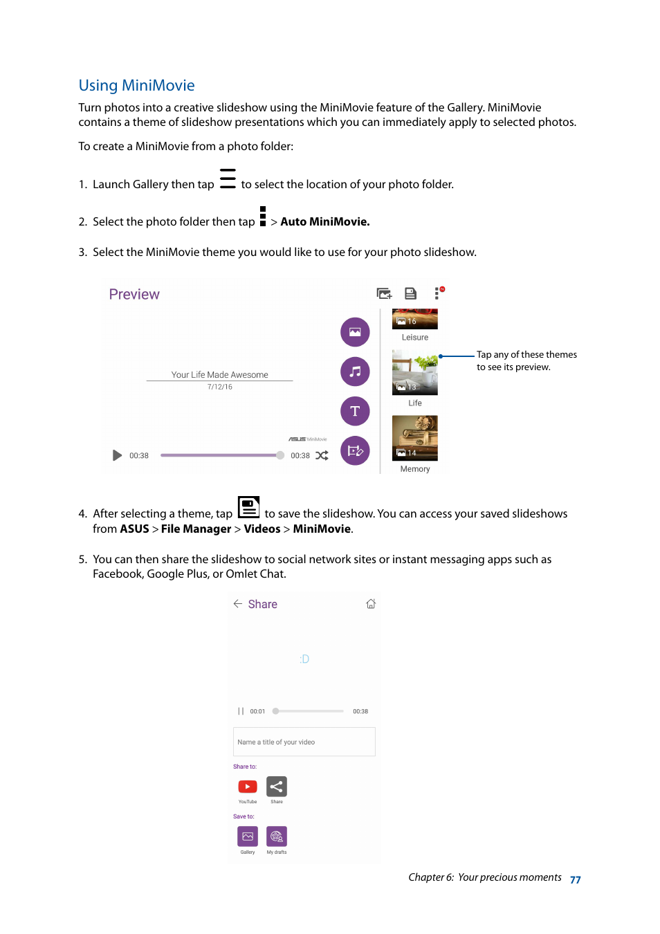 Using minimovie | Asus ZenFone 3 Laser ZC551KL User Manual | Page 77 / 117
