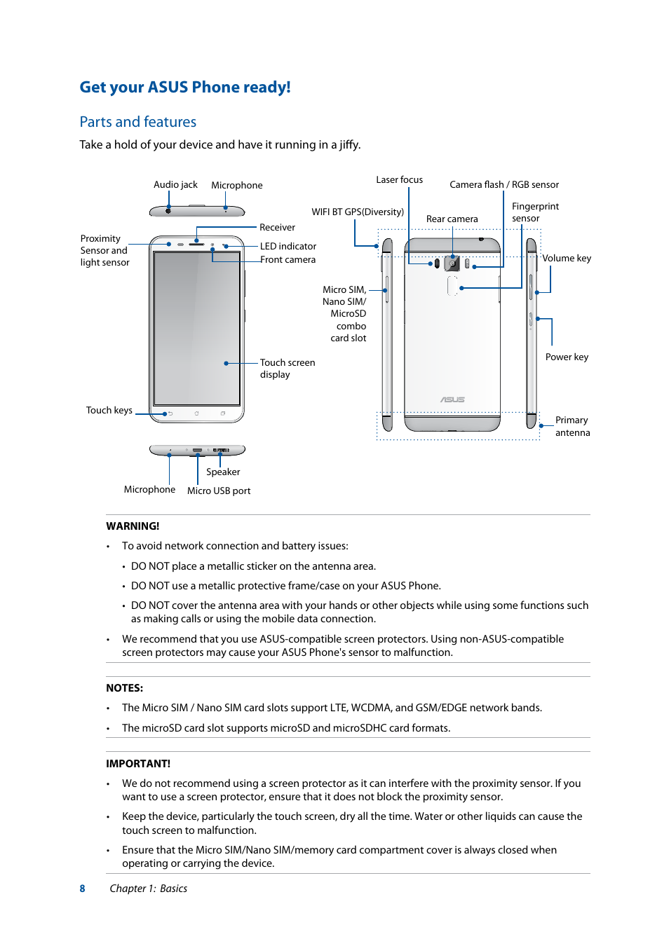 Get your asus phone ready, Parts and features | Asus ZenFone 3 Laser ZC551KL User Manual | Page 8 / 117