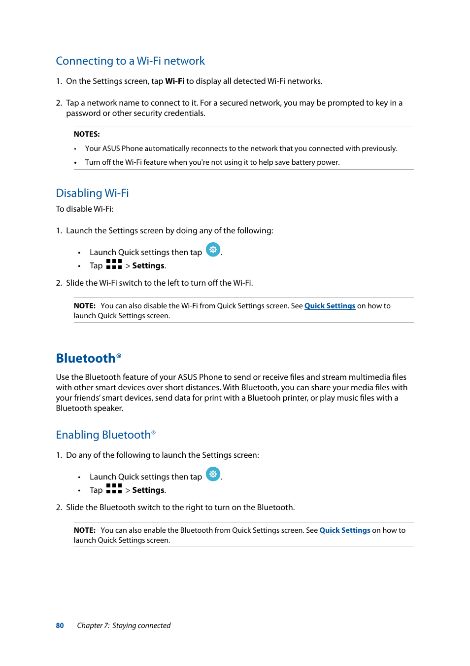 Connecting to a wi-fi network, Disabling wi-fi, Bluetooth | Enabling bluetooth, Connecting to a wi-fi network disabling wi-fi | Asus ZenFone 3 Laser ZC551KL User Manual | Page 80 / 117