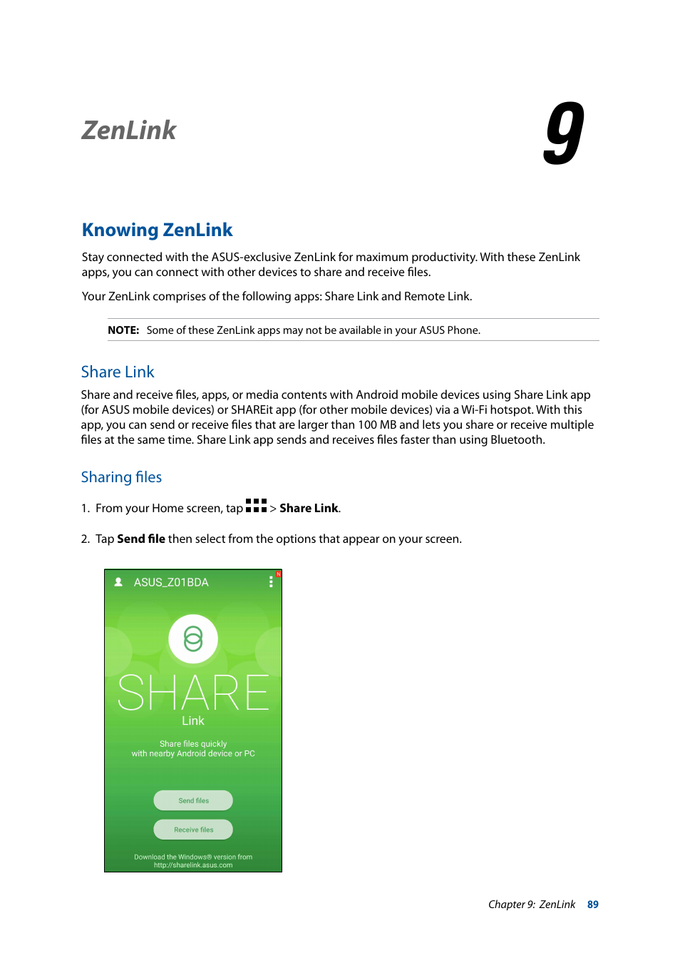 9 zenlink, Knowing zenlink, Share link | Zenlink | Asus ZenFone 3 Laser ZC551KL User Manual | Page 89 / 117