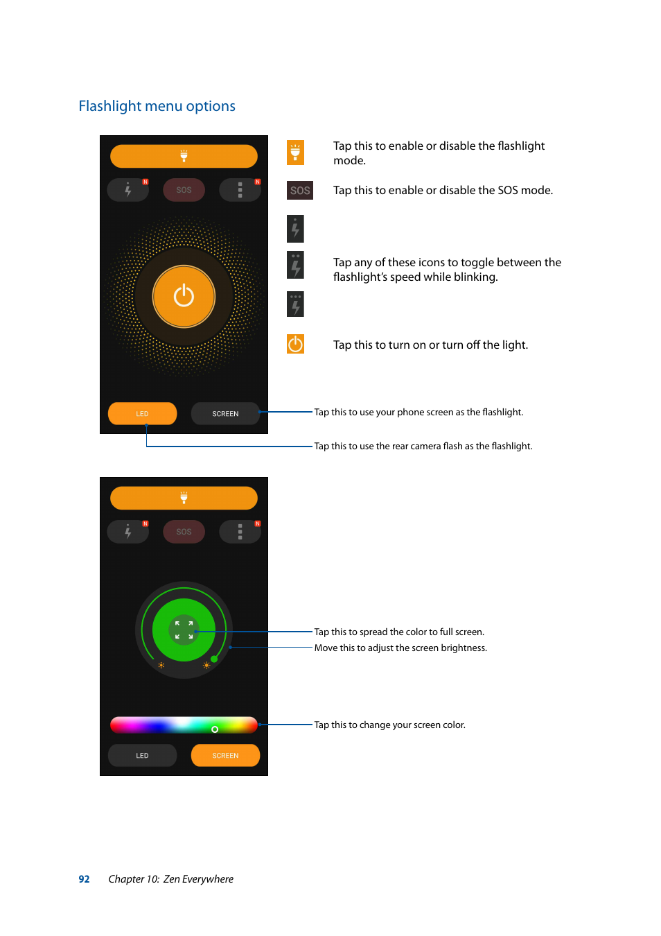 Flashlight menu options | Asus ZenFone 3 Laser ZC551KL User Manual | Page 92 / 117