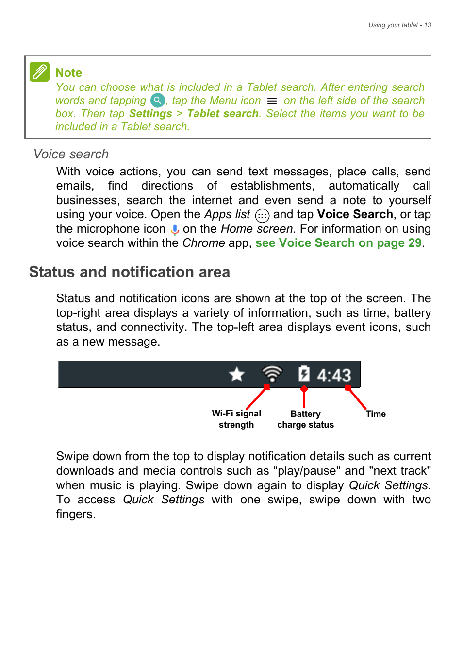 Status and notification area, Voice search | Acer Iconia Tab 10 A3-A40 User Manual | Page 13 / 57