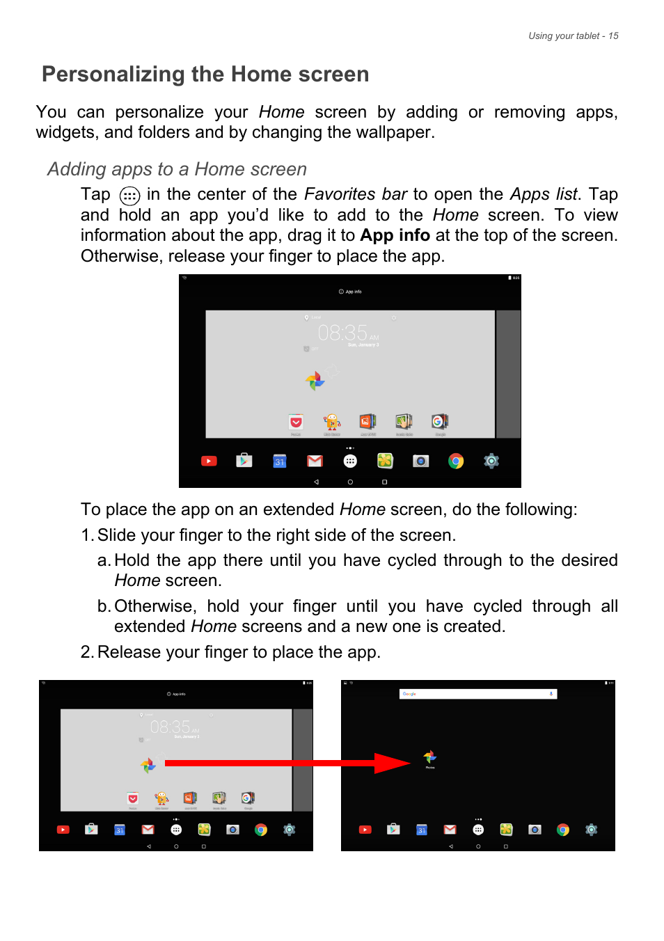 Personalizing the home screen, Nd folders, See adding apps to a home | Acer Iconia Tab 10 A3-A40 User Manual | Page 15 / 57