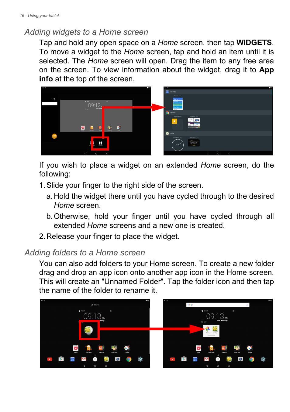 Adding widgets to a home screen, Adding folders to a home screen | Acer Iconia Tab 10 A3-A40 User Manual | Page 16 / 57