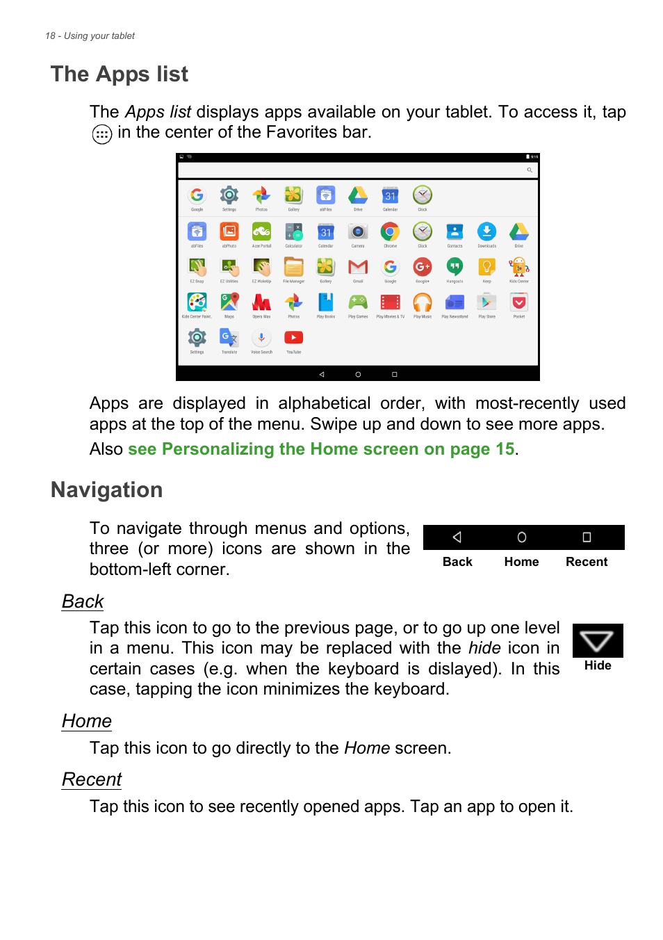 The apps list, Navigation, See back | Based on, Back, Home, Recent | Acer Iconia Tab 10 A3-A40 User Manual | Page 18 / 57