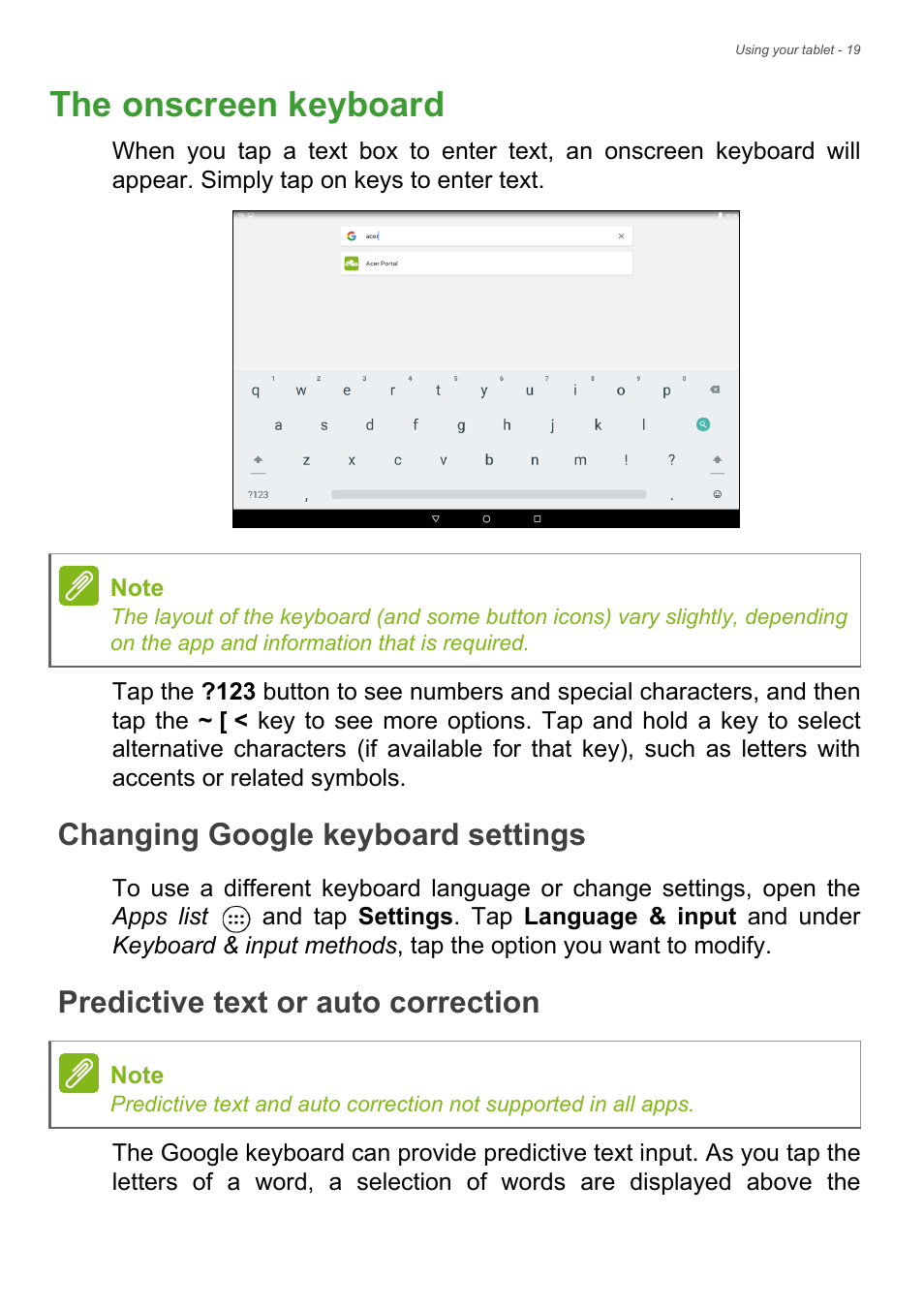 The onscreen keyboard, Changing google keyboard settings, Predictive text or auto correction | Acer Iconia Tab 10 A3-A40 User Manual | Page 19 / 57