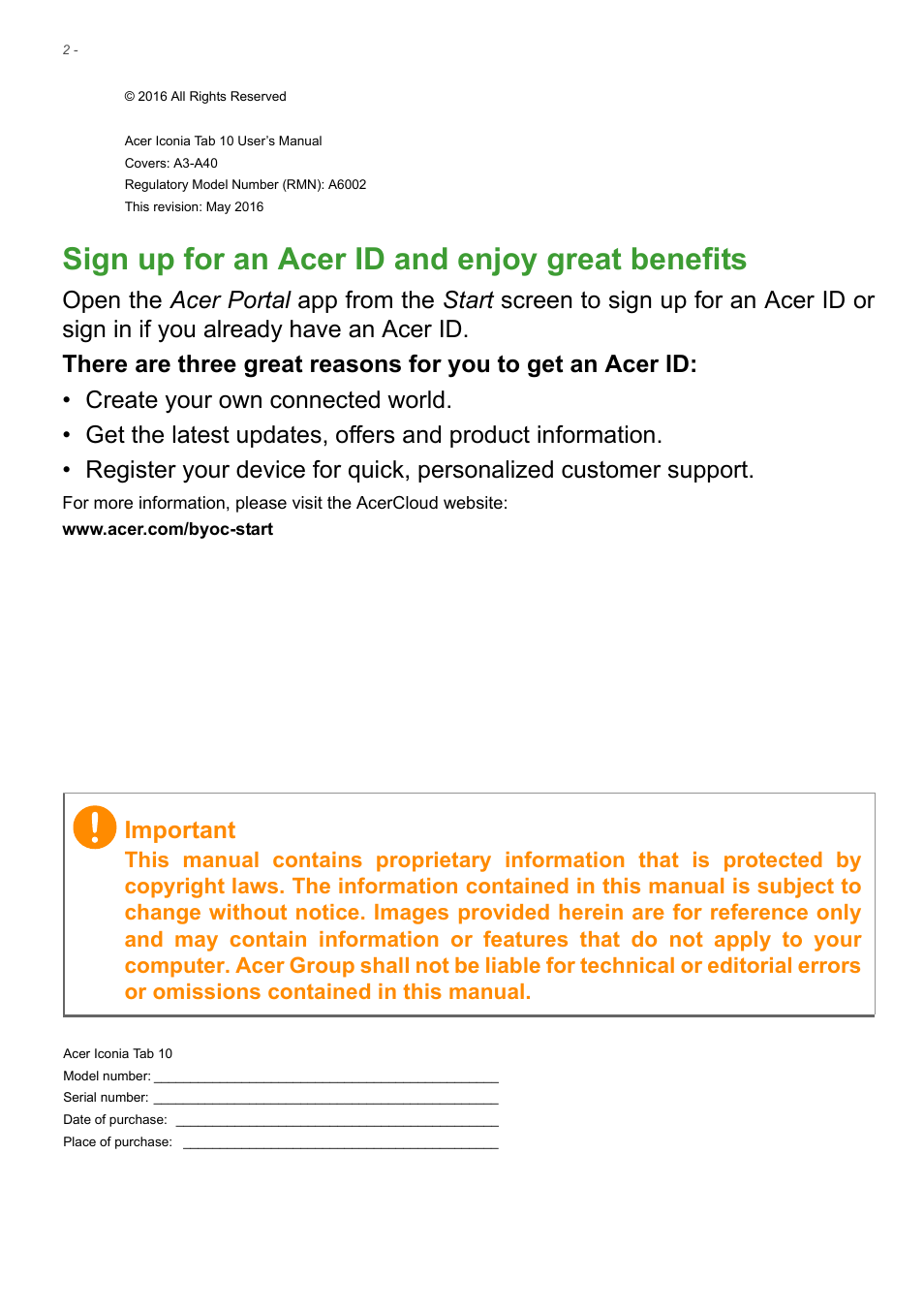 Sign up for an acer id and enjoy great benefits, Important | Acer Iconia Tab 10 A3-A40 User Manual | Page 2 / 57