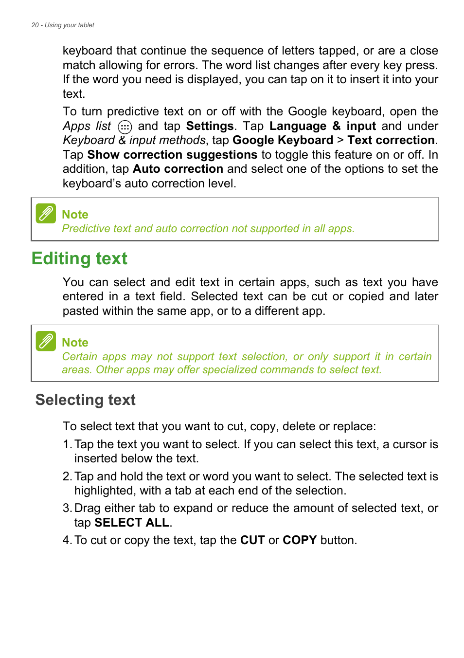 Editing text, Selecting text | Acer Iconia Tab 10 A3-A40 User Manual | Page 20 / 57