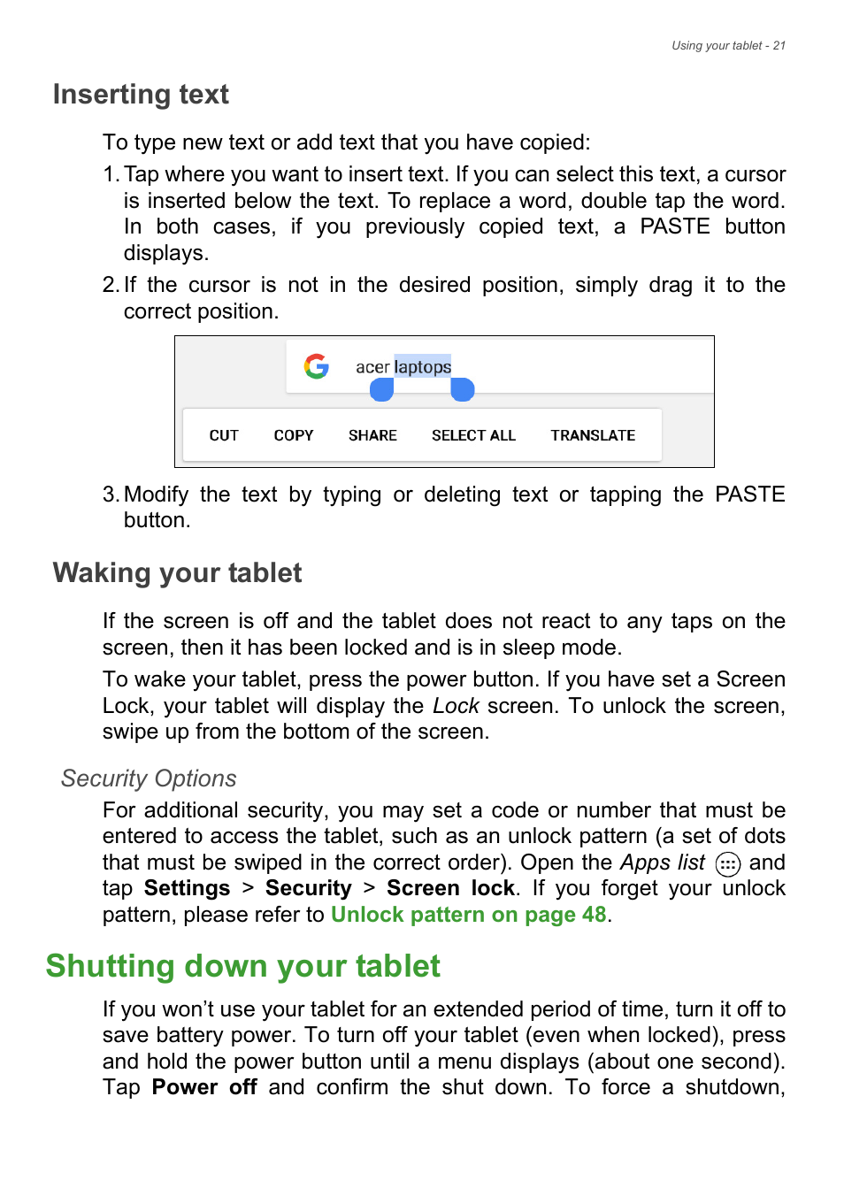 Inserting text, Waking your tablet, Shutting down your tablet | See waking | Acer Iconia Tab 10 A3-A40 User Manual | Page 21 / 57