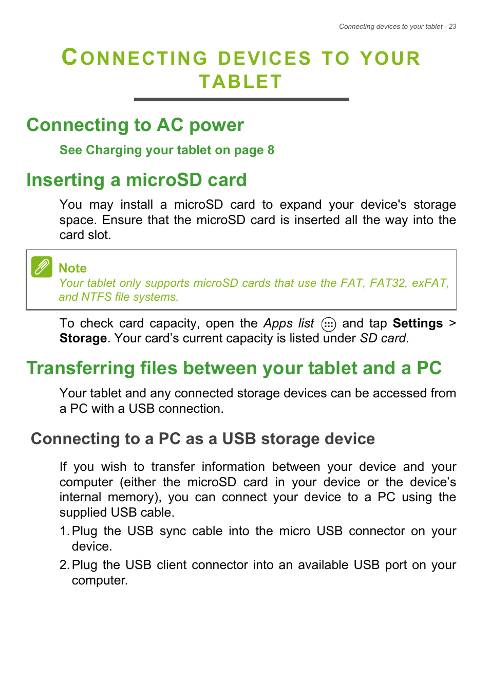 Connecting devices to your tablet, Connecting to ac power, Inserting a microsd card | Transferring files between your tablet and a pc, Connecting to a pc as a usb storage device, Onnecting, Devices, Your, Tablet connecting to ac power | Acer Iconia Tab 10 A3-A40 User Manual | Page 23 / 57