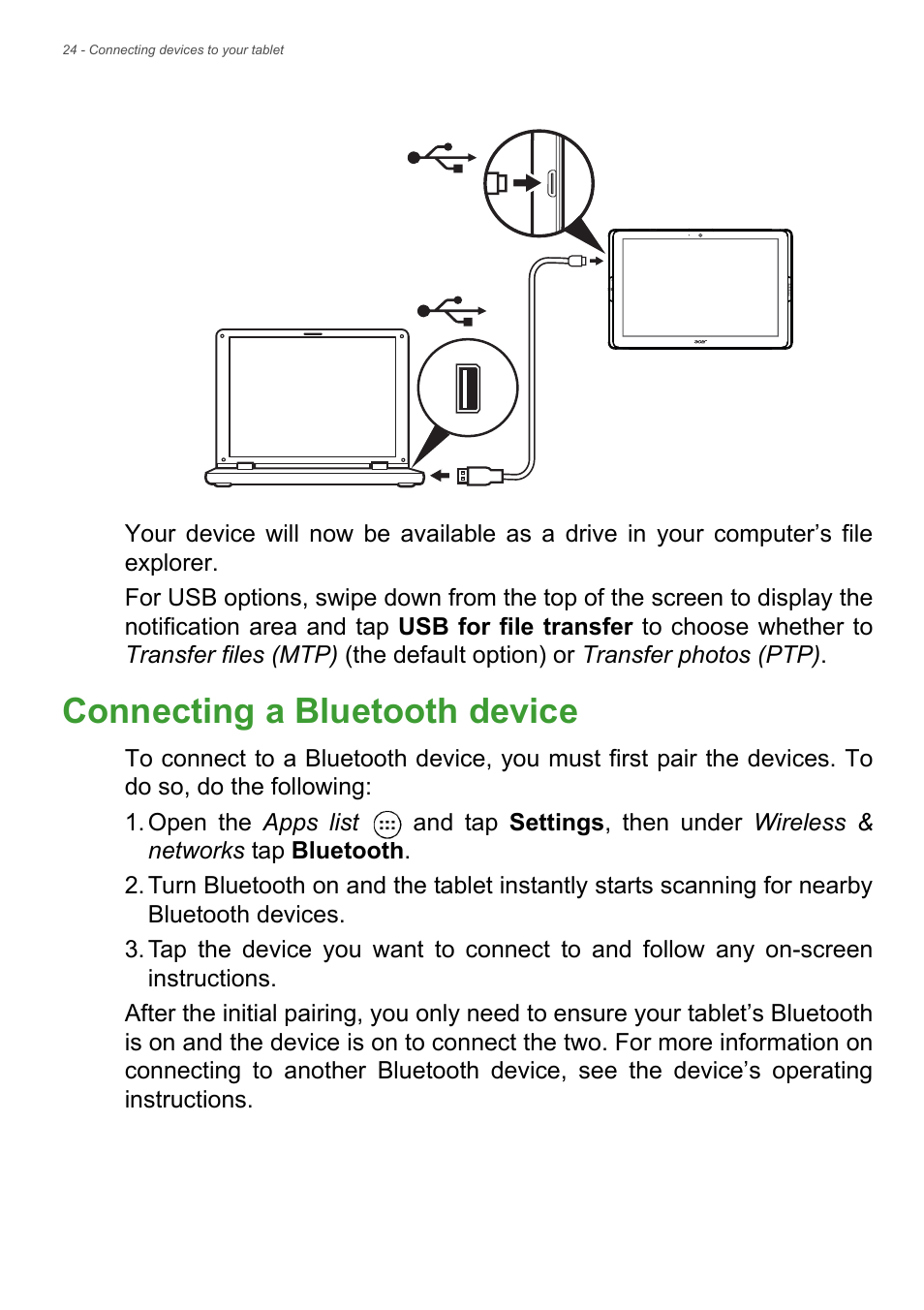 Connecting a bluetooth device | Acer Iconia Tab 10 A3-A40 User Manual | Page 24 / 57