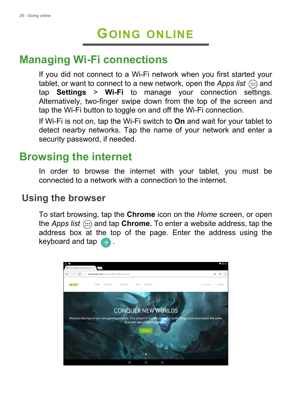 Going online, Managing wi-fi connections, Browsing the internet | Using the browser, Managing wi-fi connections browsing the internet, Wireless network, Oing, Online managing wi-fi connections | Acer Iconia Tab 10 A3-A40 User Manual | Page 26 / 57