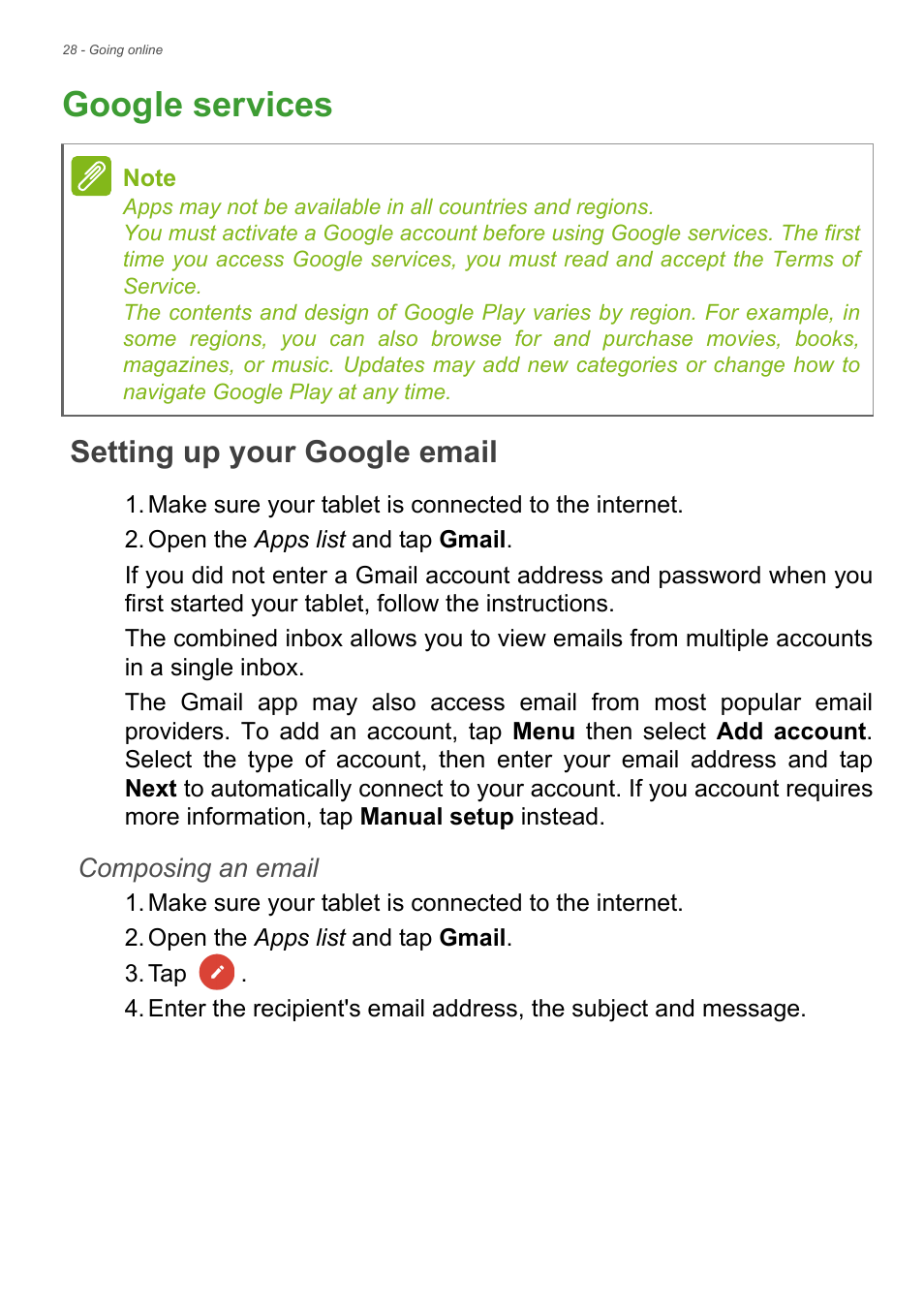 Google services, Setting up your google email | Acer Iconia Tab 10 A3-A40 User Manual | Page 28 / 57
